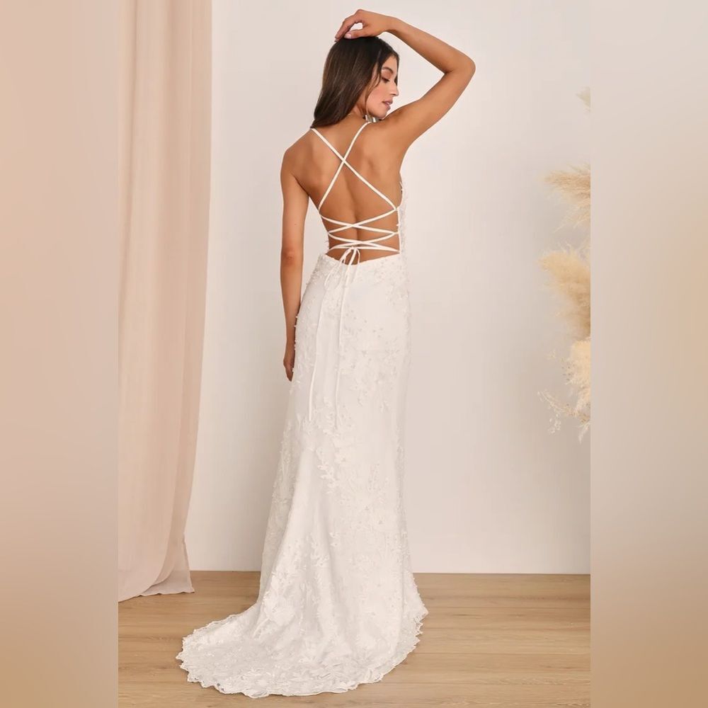 Enchanting Eternity Ivory Pearl Lace-Up Backless Maxi Dress - Picture 4 of 4